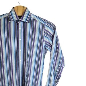 Etro Milano Mens Purple Blue Striped Cotton Silk Button Down Shirt Size 40 Italy